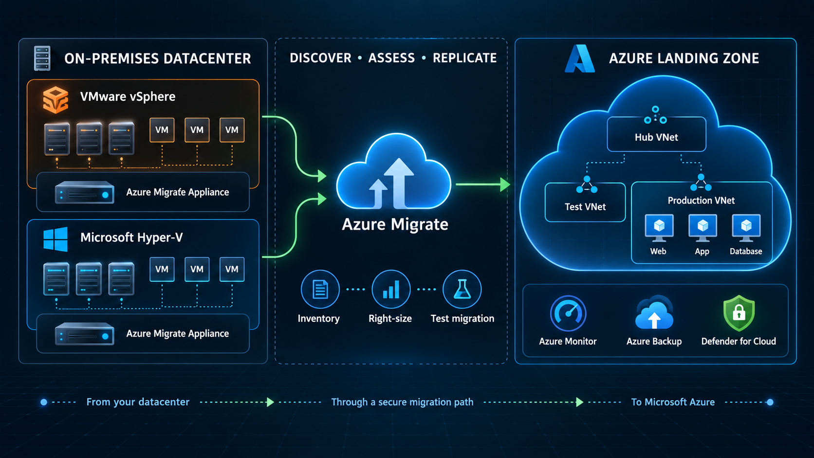 VMware and Hyper-V workloads moving through Azure Migrate into test and production virtual networks in an Azure landing zone